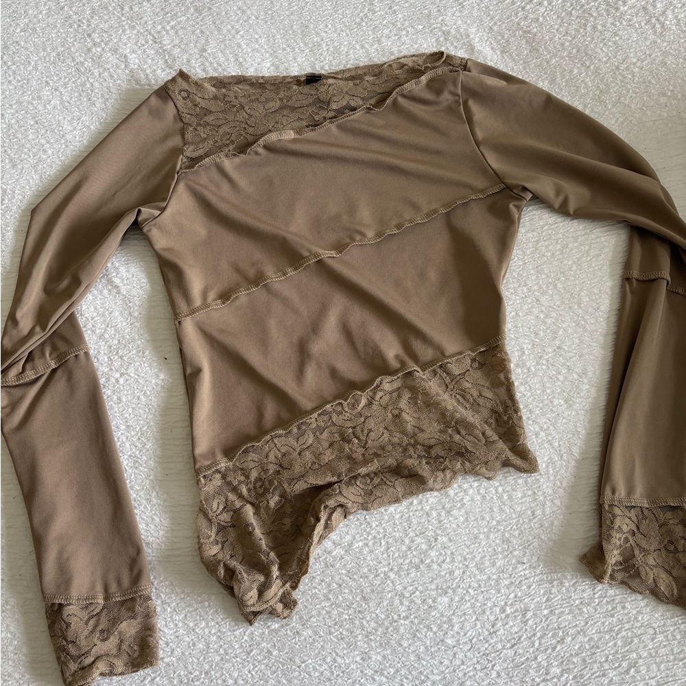 Elegant Tan Lace Trim Women's Top